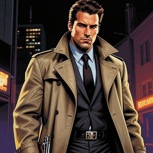 Digital illustration of a serious, handsome man with dark hair, wearing a tan trench coat, black suit, and tie, standing in a neon-lit