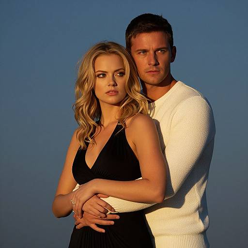 Photograph of a blonde woman in a black dress and a dark-haired man in a white sweater, standing close against a clear blue sky. He embraces