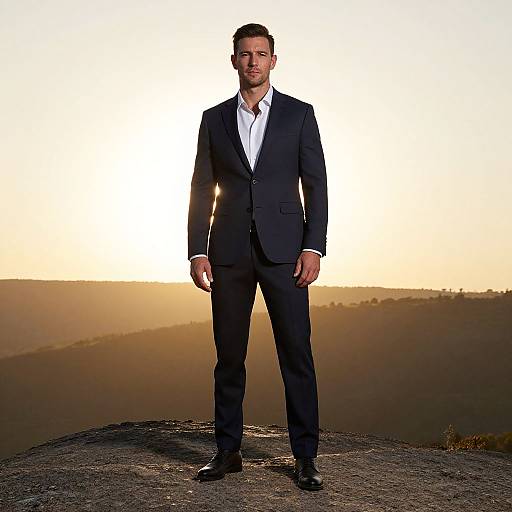 Photograph of a smiling man in a dark navy suit, white shirt, standing on a rocky mountain ledge at sunset.