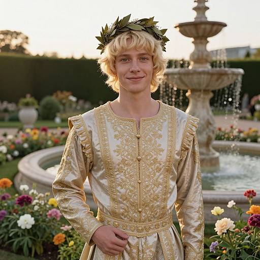 Photograph of a young person with blonde hair, wearing a gold-embroidered Renaissance-style gown and black leaf crown, standing in a colorful garden