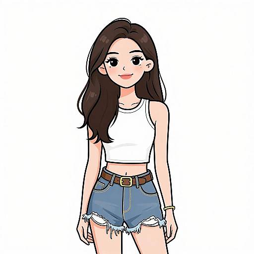 Digital anime-style drawing of a smiling young woman with long dark brown hair, wearing a white crop top and frayed denim shorts.