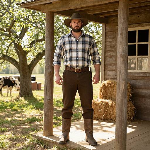 Photograph of a bearded man in a plaid shirt, brown pants, and cowboy hat, standing on a wooden porch with hay bales,