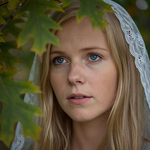 Photograph of a young blonde woman with blue eyes, wearing a white lace headscarf, partially hidden by green leaves, looking intently forward.