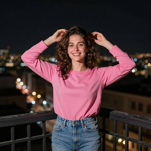 Smiling Woman on Night Balcony