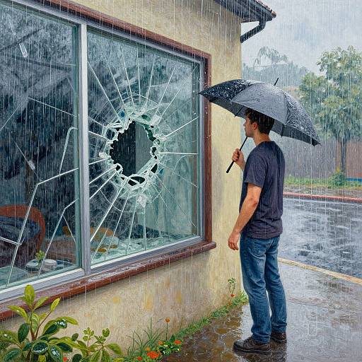 Photograph of a man in a navy shirt and jeans, holding a black umbrella, standing beside a shattered window in a rainy, rainy day, with
