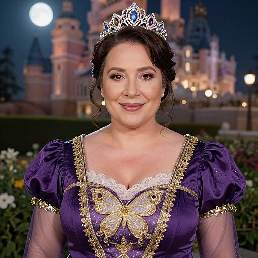 Photograph of a smiling woman with fair skin and dark hair, wearing a purple, gold-embellished gown and silver tiara, in front