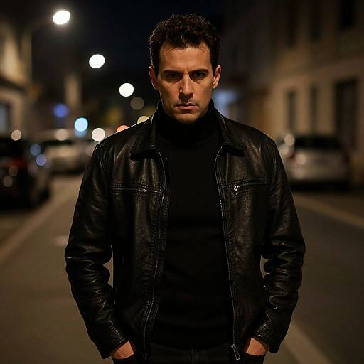 Photograph of a serious, dark-haired man in a black leather jacket and turtleneck, standing on a dimly lit, urban street at night