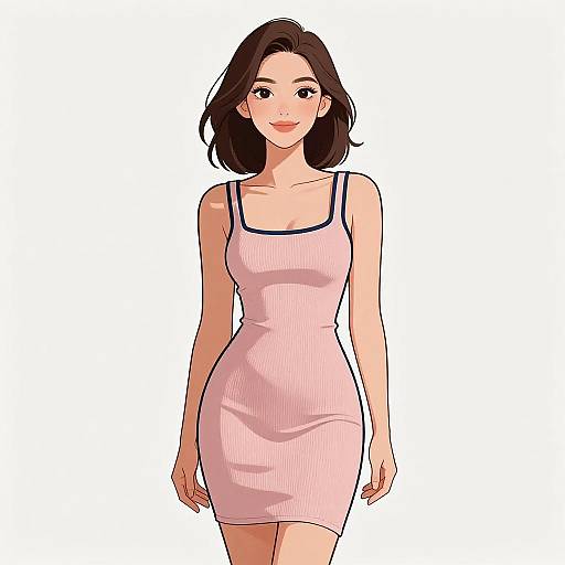 Digital anime-style drawing of a cute, slender woman with shoulder-length brown hair, wearing a tight, light pink, ribbed, sleeveless dress.