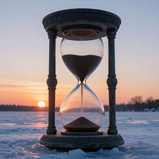 Photograph of a decorative hourglass on snowy ground at sunset, with orange and blue sky, and a glowing sun in the background.
