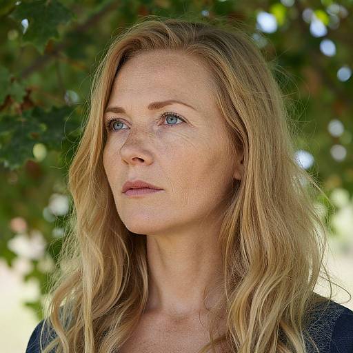 Close-up photograph of a middle-aged blonde woman with blue eyes and wavy hair, looking thoughtfully into the distance, set against a blurred green leaf