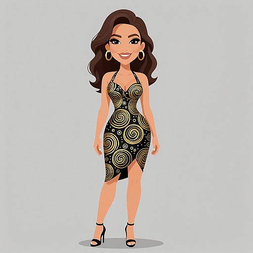 Cartoon-style illustration of a smiling woman with long brown hair, wearing a black, gold-patterned, asymmetrical dress, large hoop earrings, and