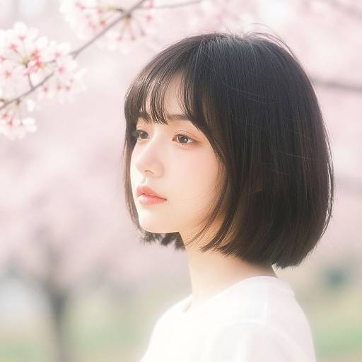 Photograph of an Asian woman with a short black bob, light skin, wearing a white top, softly lit by natural light, with a blurred pink