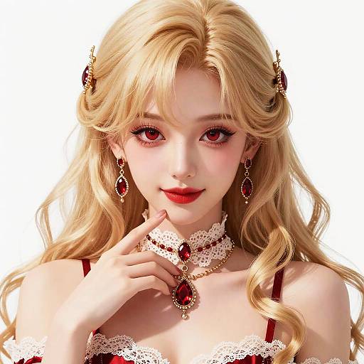 Blonde Woman with Red Jewelry and Lace Dress
