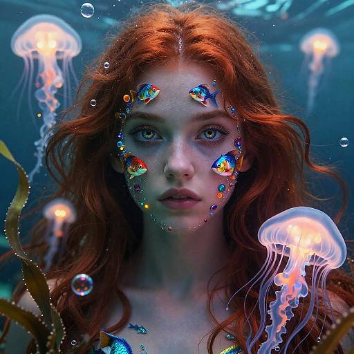 Digital artwork of a red-haired woman with colorful fish on her face, surrounded by jellyfish underwater, with bubbles and seaweed.