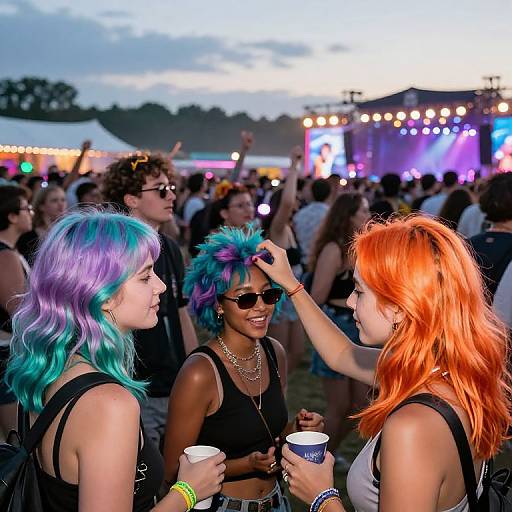 Photograph of three women with vibrant hair at a nighttime outdoor festival. Woman with blue-purple hair, woman with teal-blue and purple spiked hair, and