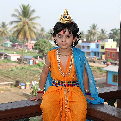 Photograph of a young Indian boy in an orange traditional outfit with blue shawl, gold crown, and jewelry, sitting on a wooden railing, with