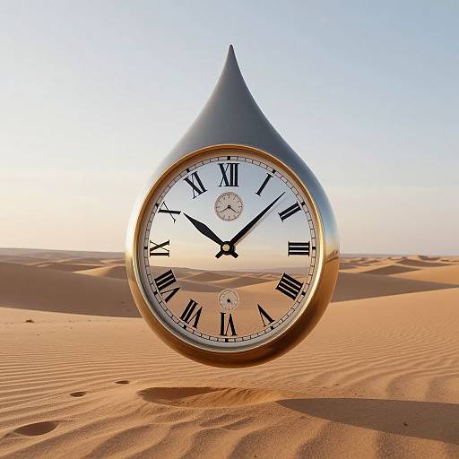 Photograph of an oversized, gold-framed clock with Roman numerals, standing upright in a desert with rippling sand and a silhouetted