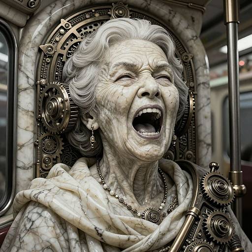 Photorealistic CGI of an elderly woman with white marble-like skin, laughing passionately, wearing a marble-patterned robe, surrounded by steampunk gears