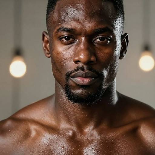 Photograph of a muscular, shirtless Black man with glistening skin, intense gaze, short hair, and faint beard, illuminated by two blurred light