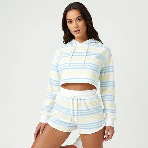 Woman in Pastel Striped Cropped Hoodie and Shorts