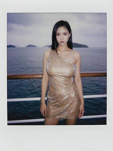 Photograph of an Asian woman with long black hair, wearing a shimmering gold one-shoulder mini dress, standing on a ship's deck with