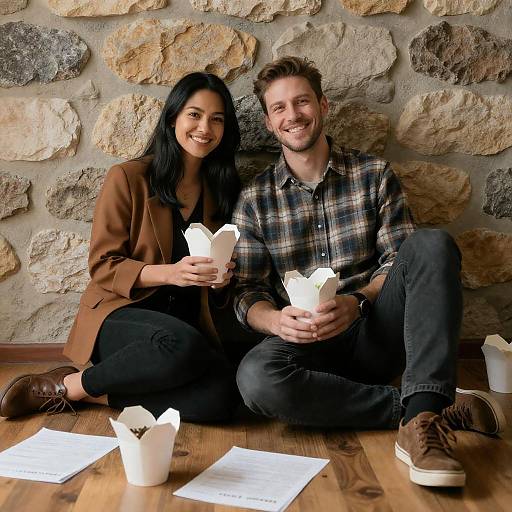 Cozy Couple on Rustic Floor Eating Takeout