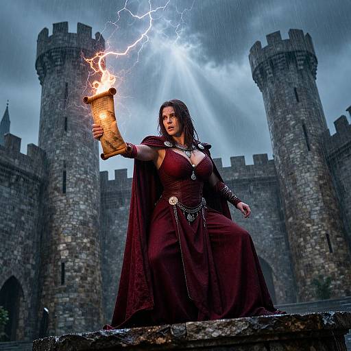 Sorceress Casting Spell in Stormy Courtyard