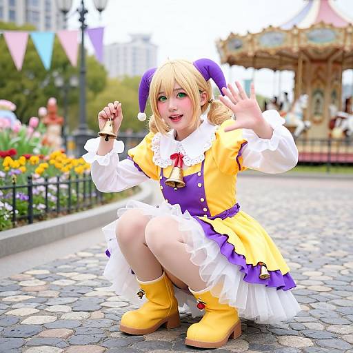 CGI image of a blonde child in colorful, yellow and purple cosplay outfit, crouching and waving, in a bright, flower-filled park.