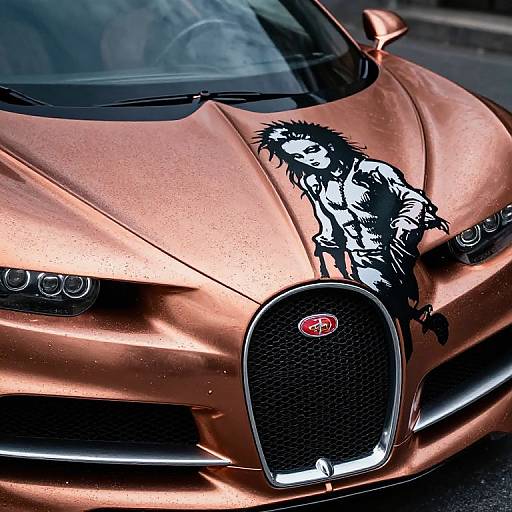 Photograph of a copper-colored sports car with black graffiti-style sticker of a punk rock figure on the hood, featuring a prominent black grille and red logo