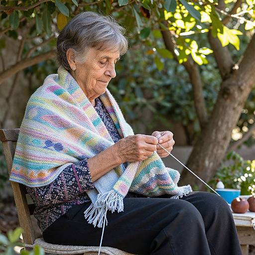 Photograph of elderly woman with gray hair, wearing multicolored shawl and black pants, knitting outdoors on wooden chair, surrounded by greenery.
