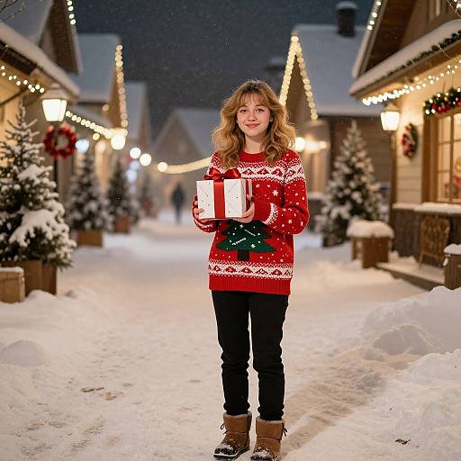 Photograph of a smiling young woman with wavy blonde hair, wearing a red Christmas sweater, black pants, and brown boots, holding a mug and