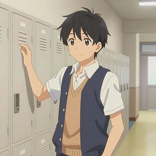Anime-style drawing of a young boy with black hair, wearing a white shirt, beige sweater, and navy vest, standing in a bright hallway with gray