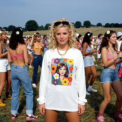 Photograph of a blonde woman with curly hair, wearing a white sweatshirt with a colorful sunflower print, standing in a sunny, grassy field