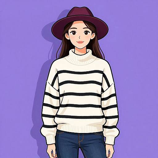 Casual Woman in Striped Sweater and Maroon Hat