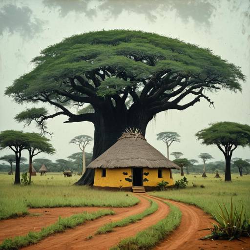 Traditional Mud Hut Near Baobab Tree in African Savanna