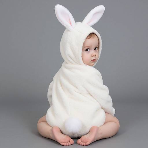 Photograph of a baby sitting on the floor, wearing a fluffy white bunny onesie with ears, against a gray background.