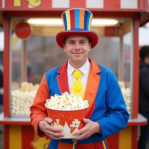 Photograph of a smiling man in a blue and red clown suit, striped top hat, yellow tie, holding popcorn, in front of a popcorn stand