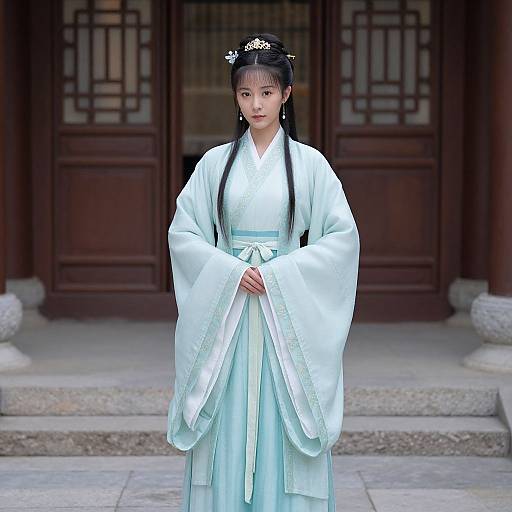 Photograph of an East Asian woman in traditional white hanbok with long sleeves, black hair in a bun, and a silver hairpiece, standing