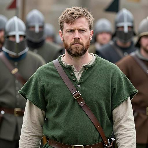 Medieval Man in Green Tunic with Leather Strap