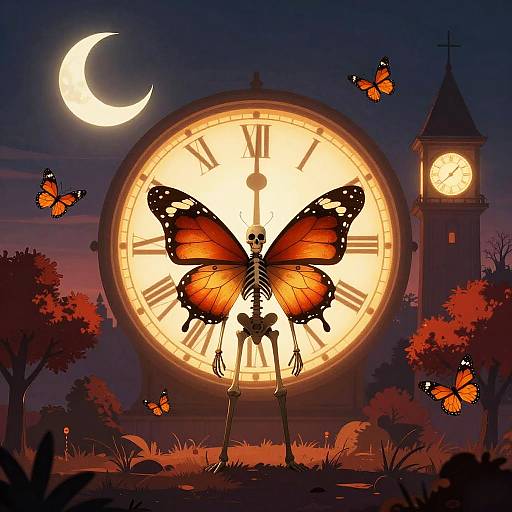 Digital illustration of a skeleton butterfly with orange wings standing before a glowing clock, surrounded by orange butterflies, a crescent moon, and a clock tower at
