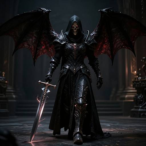 Digital artwork of a dark, armored demon with blood-stained wings, holding a glowing sword, standing menacingly in a dimly lit, gothic