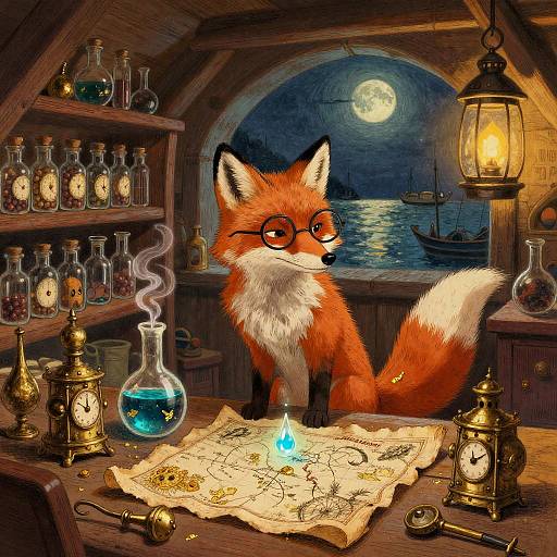 Fox Alchemist in Lantern-lit Attic Apothecary