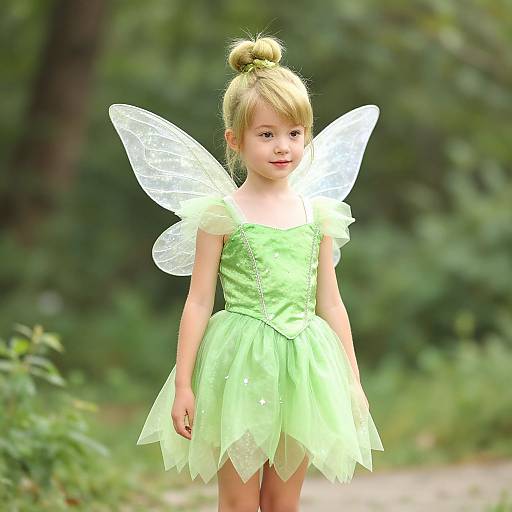 Photograph of a young blonde girl with fairy wings and a green tulle dress, standing in a forest, looking at the camera.
