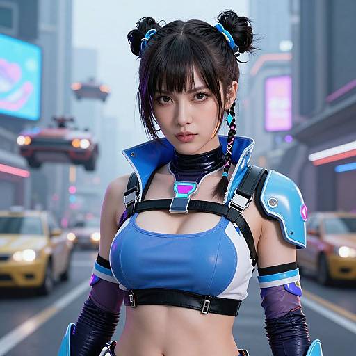 Digital artwork of an Asian woman with black hair in buns, wearing a futuristic blue crop top, armor, and gloves, standing on a neon-l
