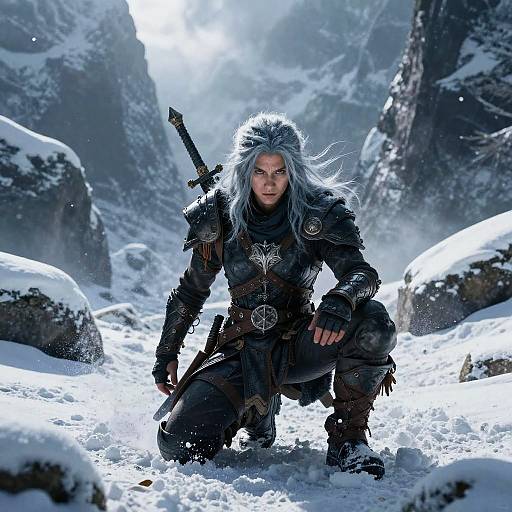 Blizzard Hunter in Snowy Mountain Pass