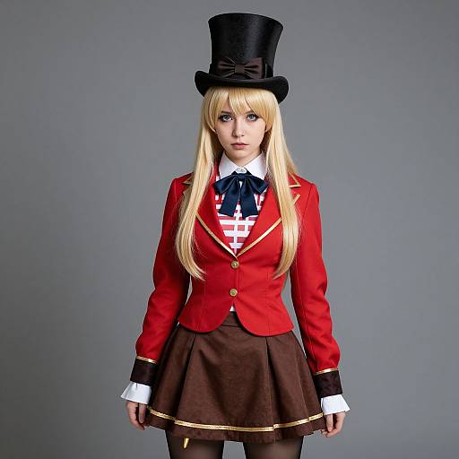 Photograph of a blonde woman in a red Victorian-style jacket, black top hat, white shirt, black skirt, and patriotic tie, standing against a