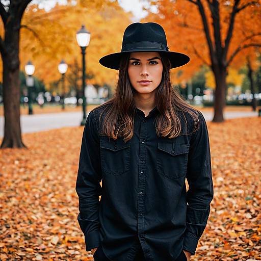 Young man in black hat in autumn park