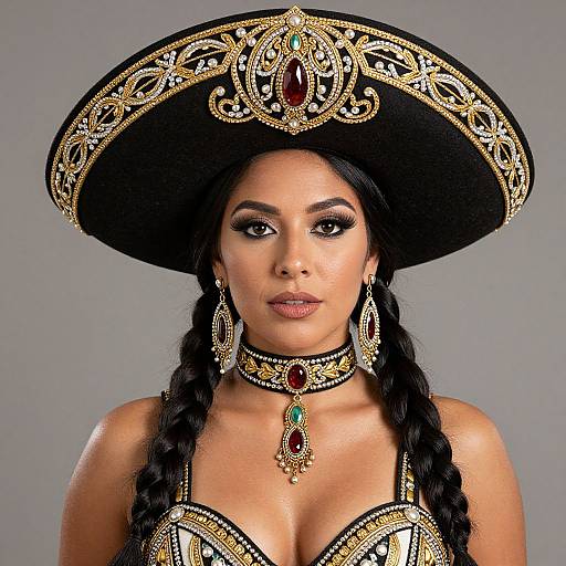 Photograph of a woman with dark skin, braided hair, wearing an ornate black hat with gold embroidery, red gem choker, and matching