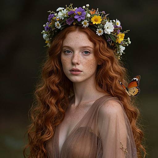 Photograph of a fair-skinned, freckled redhead woman with long wavy hair, wearing a floral crown, sheer brown dress, and an