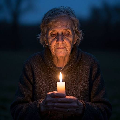 Photograph of an elderly man with wrinkled face, holding a lit candle, wearing a dark knit sweater, against a blue twilight background.